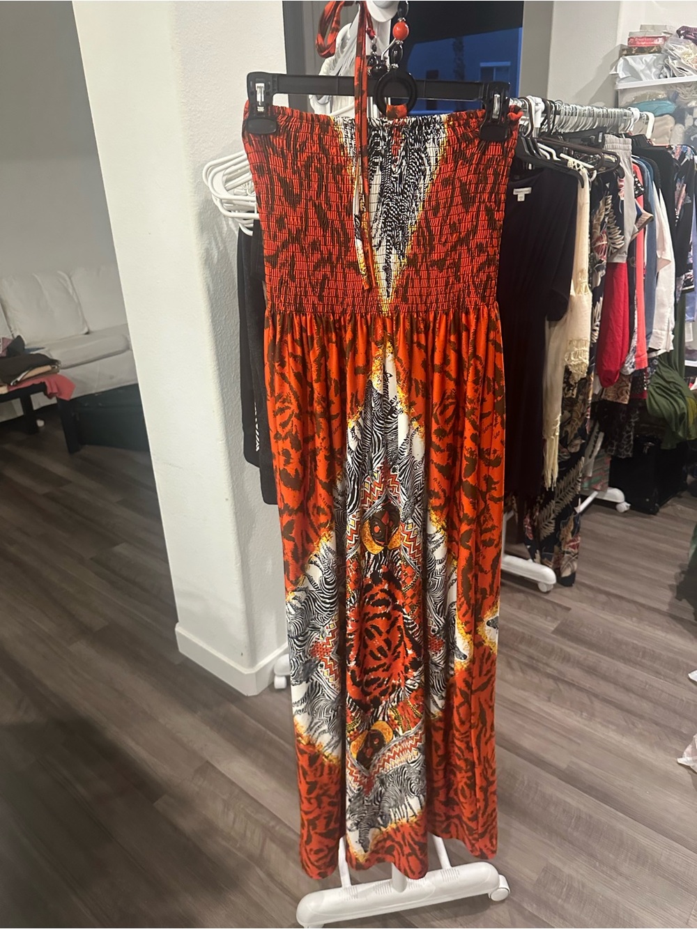 Magic Orange and Black Printed Strapless Maxi Dress